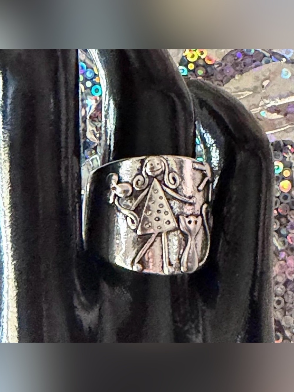 Whimsical Girl & Cat Silver Band Ring